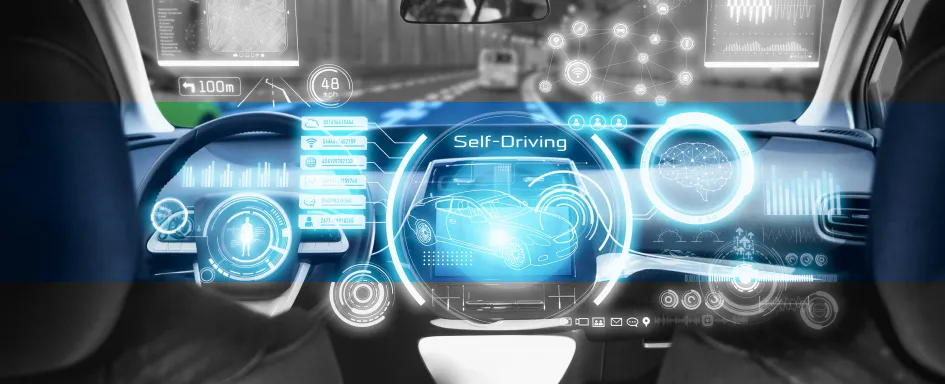 ADAS In Sterling, VA At Honest Tom Care. A digital graphic of a car dashboard with a circular icon and glowing lines, representing advanced driver assistance systems (ADAS).