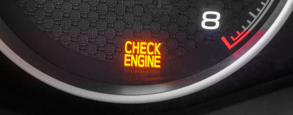 Check Engine Light In Sterling, VA At Honest Tom Care. A car's dashboard with the yellow "Check Engine" light illuminated.