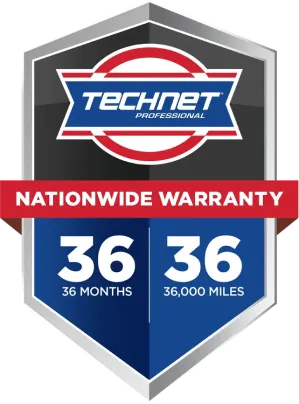 The official TechNet Professional Nationwide Warranty logo, which guarantees coverage for 36 months or 36,000 miles.