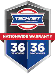 TechNet Professional Nationwide Warranty logo shield featuring 36 months and 36,000 miles in large white numbers on a blue background.