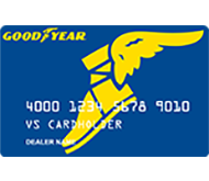 A blue credit card with the Goodyear logo and a large yellow winged foot graphic.